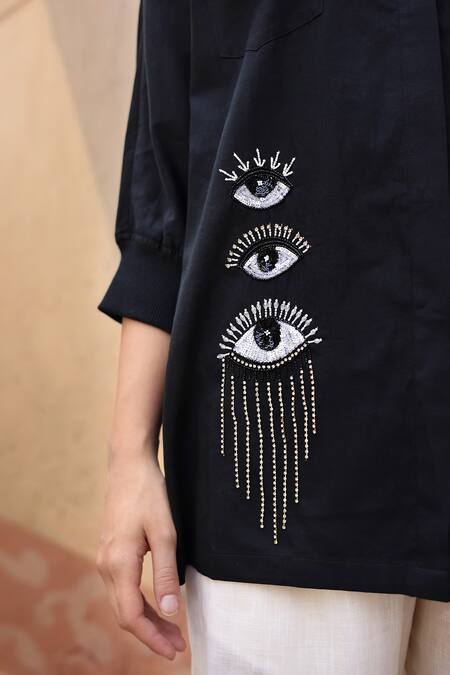Buy_Shilpi Gupta_Black Cotton Satin Embellished Sequin Collared Front Placket Shirt _Online_at_Aza_Fashions
