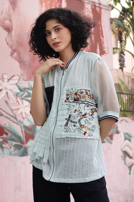 Shilpi Gupta_Blue Crushed Georgette Embellished Resham Closed Patch Pocket Shirt _Online_at_Aza_Fashions