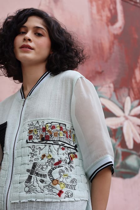 Buy_Shilpi Gupta_Blue Crushed Georgette Embellished Resham Closed Patch Pocket Shirt _Online_at_Aza_Fashions