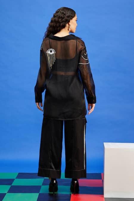Shop Shilpi Gupta Black Crushed Organza Embellished Sequin Collared Sheer Shirt at Aza Fashions Shop_Shilpi Gupta_Black Crushed Organza Embellished Sequin Collared Sheer Shirt _at_Aza_Fashions