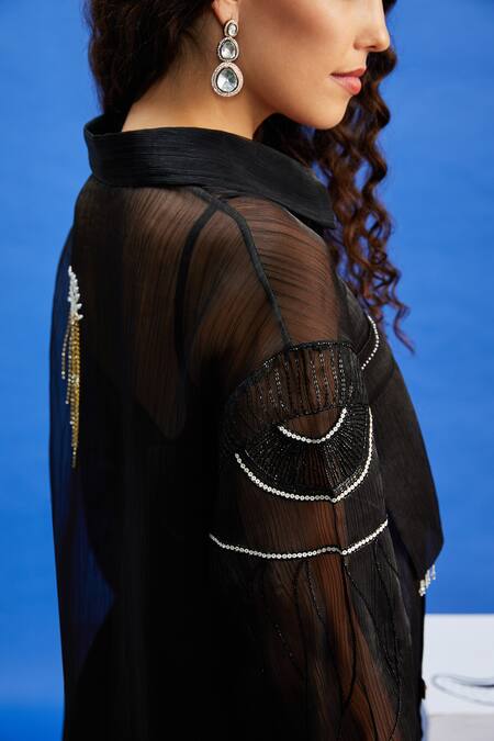 Shilpi Gupta Black Crushed Organza Embellished Sequin Collared Sheer Shirt Online at Aza Fashions Shilpi Gupta_Black Crushed Organza Embellished Sequin Collared Sheer Shirt _Online_at_Aza_Fashions