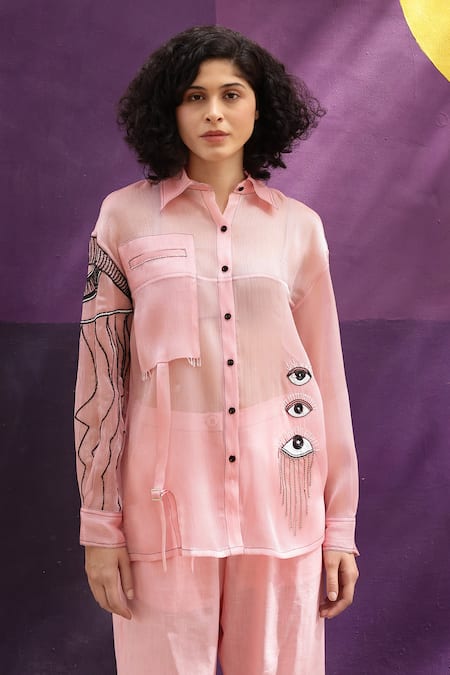 Shilpi Gupta Pink Organza Embellished Sequin Collared Pocketed Shirt