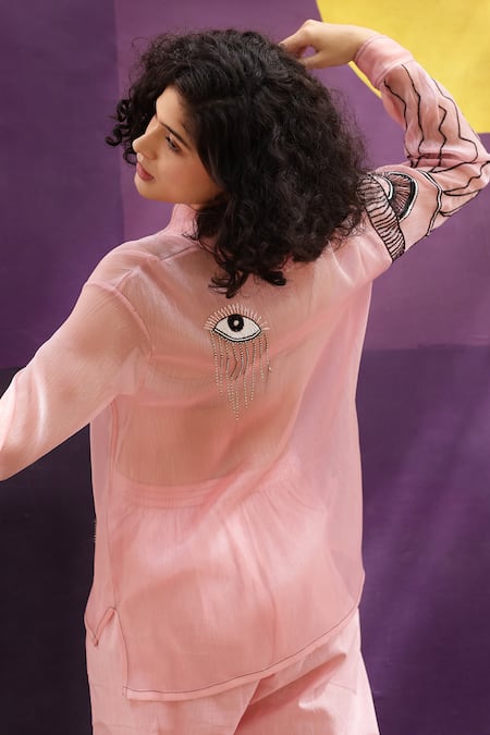 Shop_Shilpi Gupta_Pink Organza Embellished Sequin Collared Pocketed Shirt _at_Aza_Fashions
