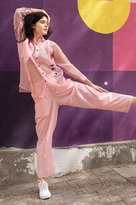 Shilpi Gupta_Pink Organza Embellished Sequin Collared Pocketed Shirt _Online_at_Aza_Fashions