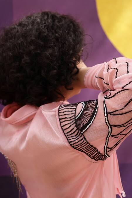 Shop_Shilpi Gupta_Pink Organza Embellished Sequin Collared Pocketed Shirt _Online_at_Aza_Fashions