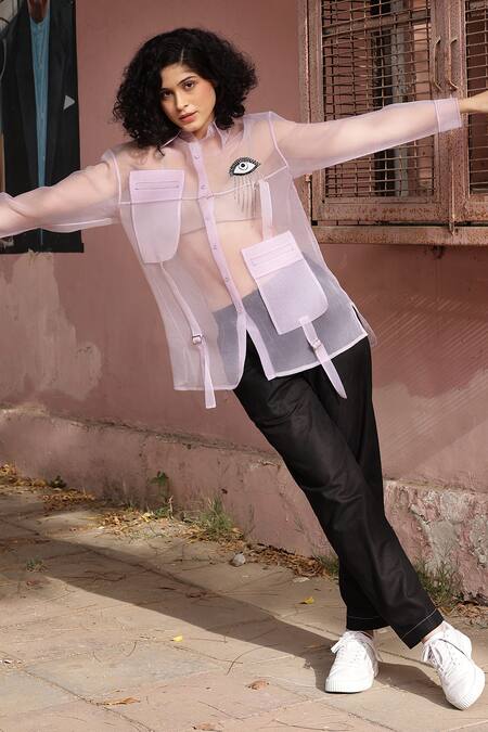 Buy_Shilpi Gupta_Purple Ginger Organza Embellished Sequin Front Pocket Embroidered Sheer Shirt _Online_at_Aza_Fashions