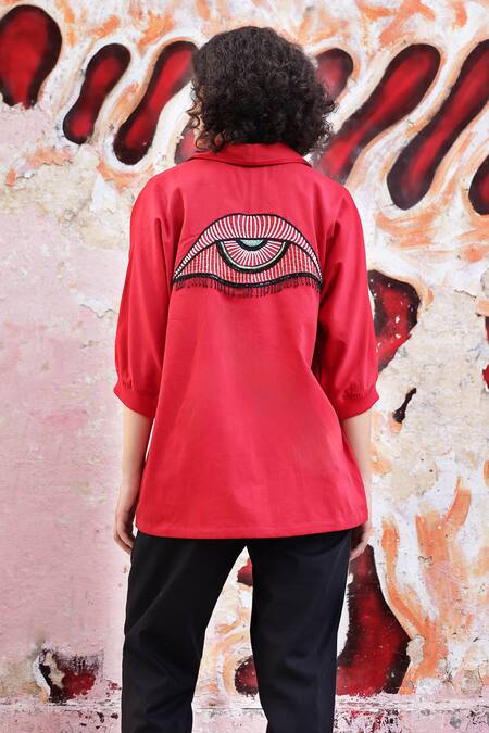Shop_Shilpi Gupta_Red Cotton Satin Embellished Sequin Collared Placement Shirt _at_Aza_Fashions
