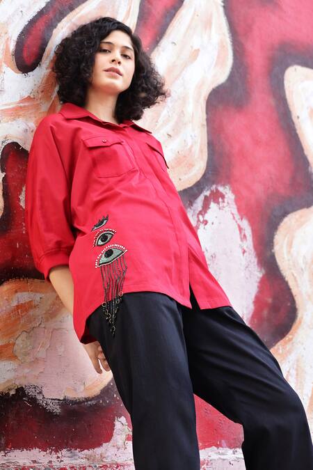 Shilpi Gupta_Red Cotton Satin Embellished Sequin Collared Placement Shirt _Online_at_Aza_Fashions