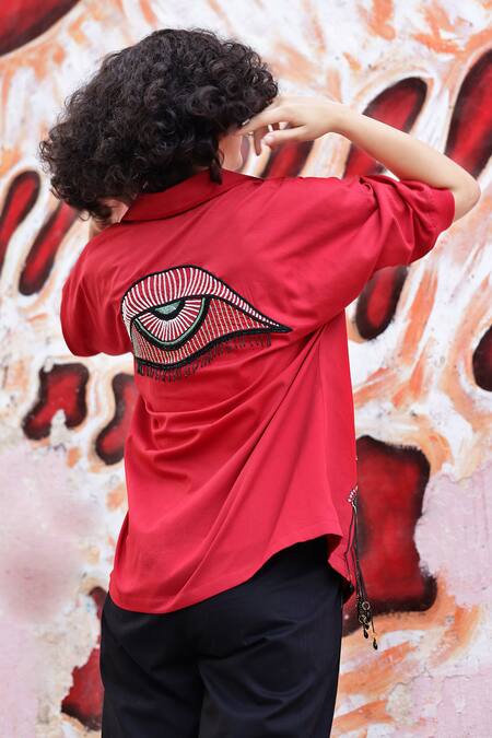 Buy_Shilpi Gupta_Red Cotton Satin Embellished Sequin Collared Placement Shirt _Online_at_Aza_Fashions