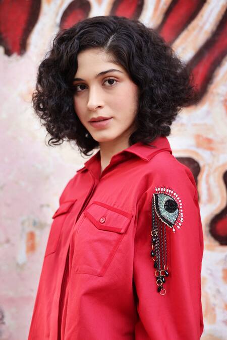 Shop_Shilpi Gupta_Red Cotton Satin Embellished Sequin Collared Placement Shirt _Online_at_Aza_Fashions