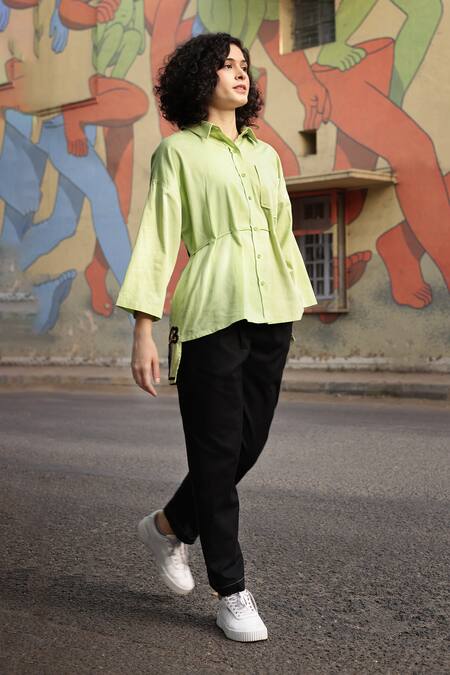 Shilpi Gupta_Green Cotton Satin Embellished Dori Collared Figuring Shirt _Online_at_Aza_Fashions