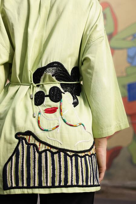 Buy_Shilpi Gupta_Green Cotton Satin Embellished Dori Collared Figuring Shirt _Online_at_Aza_Fashions