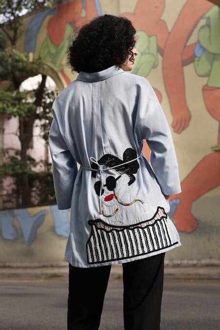 Shilpi Gupta_Blue Cotton Stain Embellished Dori Collared Figuring Front Placket Shirt _Online_at_Aza_Fashions