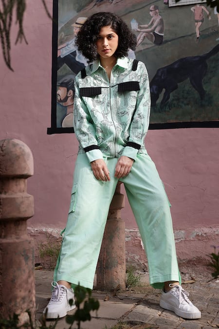 Shilpi Gupta Green Cotton Linen Embroidered Resham Collared Abstract Shirt