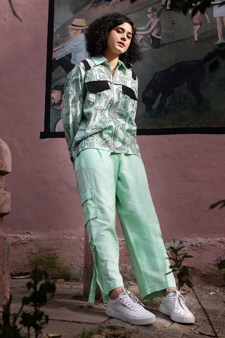 Shilpi Gupta_Green Cotton Linen Embroidered Resham Collared Abstract Shirt _Online_at_Aza_Fashions