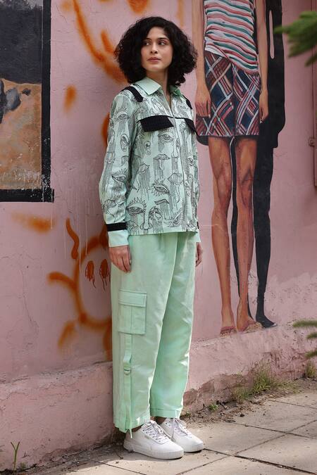 Shop_Shilpi Gupta_Green Cotton Linen Embroidered Resham Collared Abstract Shirt _Online_at_Aza_Fashions