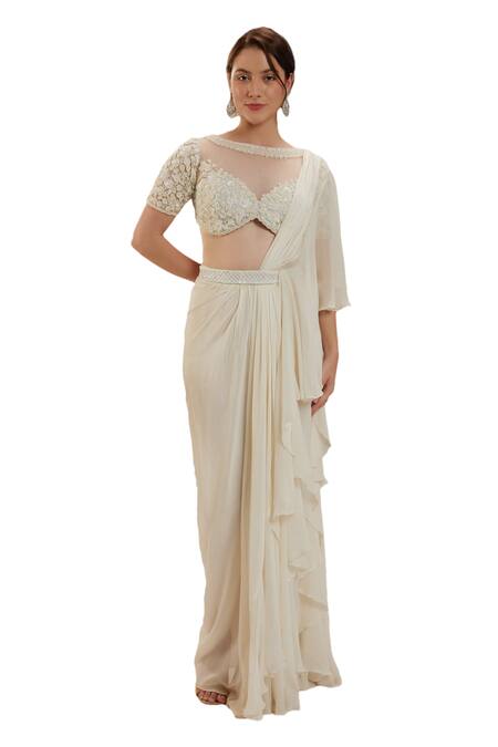 Preeti S Kapoor_Cream Net, Georgette Sequins, Cut Work, Pre-draped Saree With Embellished Blouse_Online_at_Aza_Fashions