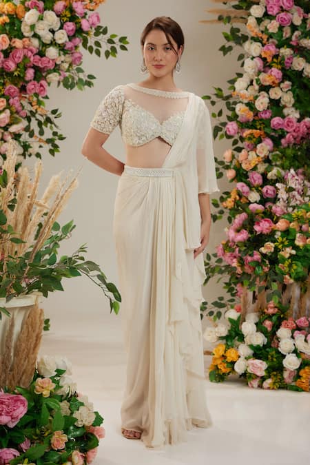 Buy_Preeti S Kapoor_Cream Net, Georgette Sequins, Cut Work, Pre-draped Saree With Embellished Blouse_Online_at_Aza_Fashions