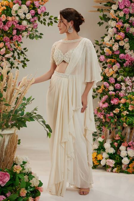Shop_Preeti S Kapoor_Cream Net, Georgette Sequins, Cut Work, Pre-draped Saree With Embellished Blouse_Online_at_Aza_Fashions