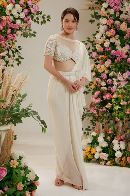 Preeti S Kapoor_Cream Net, Georgette Sequins, Cut Work, Pre-draped Saree With Embellished Blouse_at_Aza_Fashions