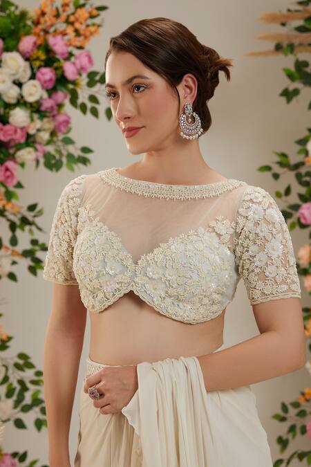 Shop_Preeti S Kapoor_Cream Net, Georgette Sequins, Cut Work, Pre-draped Saree With Embellished Blouse