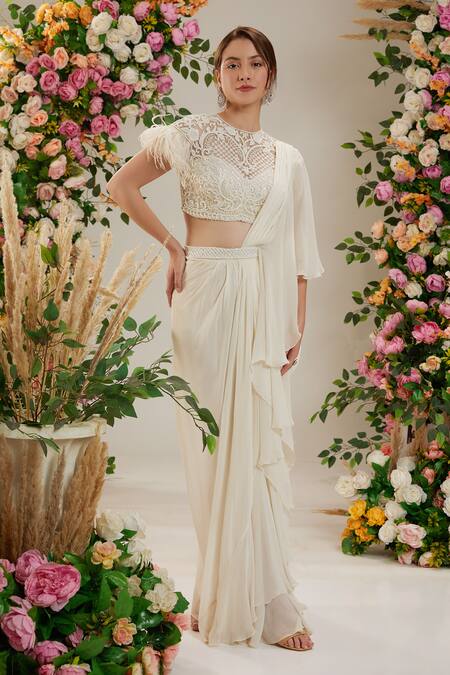 Preeti S Kapoor_Cream Net, Georgette, Linen Cut Work, Sequins, Embroidered Pre-draped Saree Set_Online_at_Aza_Fashions
