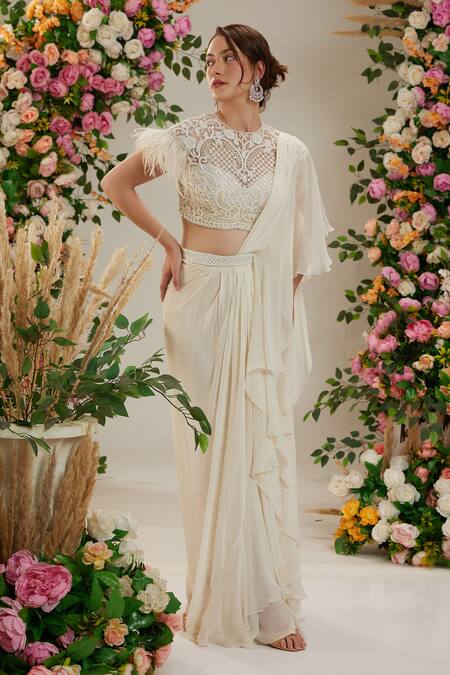 Buy_Preeti S Kapoor_Cream Net, Georgette, Linen Cut Work, Sequins, Embroidered Pre-draped Saree Set_Online_at_Aza_Fashions