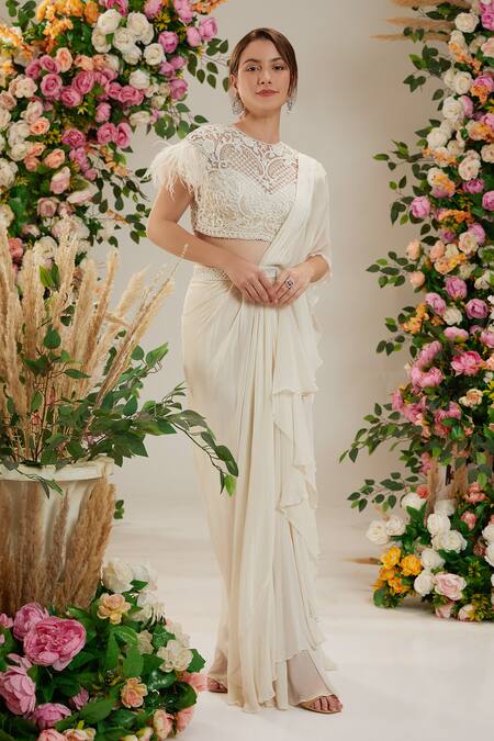 Shop_Preeti S Kapoor_Cream Net, Georgette, Linen Cut Work, Sequins, Embroidered Pre-draped Saree Set_Online_at_Aza_Fashions