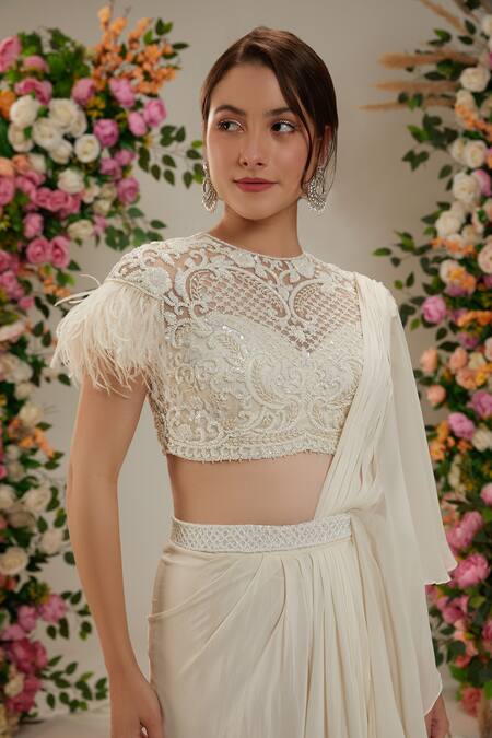 Preeti S Kapoor_Cream Net, Georgette, Linen Cut Work, Sequins, Embroidered Pre-draped Saree Set_at_Aza_Fashions