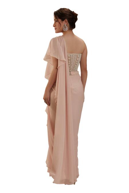 Preeti S Kapoor Pink Georgette, Net Cut Work, Pearls, Sequins Ruffled Pre-draped Saree Set Online at Aza Fashions Preeti S Kapoor_Pink Georgette, Net Cut Work, Pearls, Sequins Ruffled Pre-draped Saree Set_Online_at_Aza_Fashions