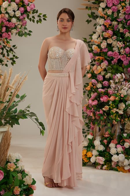 Buy Preeti S Kapoor Pink Georgette, Net Cut Work, Pearls, Sequins Ruffled Pre-draped Saree Set Online at Aza Fashions Buy_Preeti S Kapoor_Pink Georgette, Net Cut Work, Pearls, Sequins Ruffled Pre-draped Saree Set_Online_at_Aza_Fashions