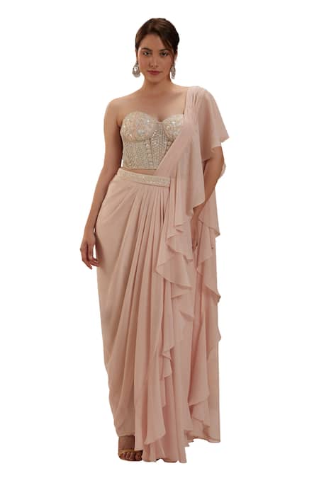 Shop Preeti S Kapoor Pink Georgette, Net Cut Work, Pearls, Sequins Ruffled Pre-draped Saree Set Online at Aza Fashions Shop_Preeti S Kapoor_Pink Georgette, Net Cut Work, Pearls, Sequins Ruffled Pre-draped Saree Set_Online_at_Aza_Fashions