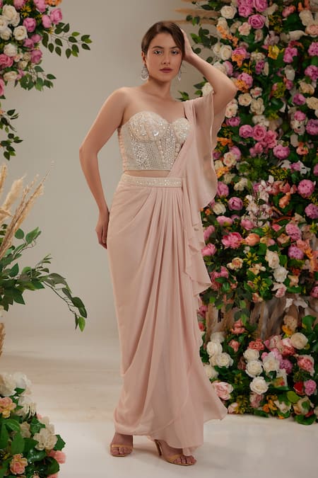 Preeti S Kapoor Pink Georgette, Net Cut Work, Pearls, Sequins Ruffled Pre-draped Saree Set at Aza Fashions Preeti S Kapoor_Pink Georgette, Net Cut Work, Pearls, Sequins Ruffled Pre-draped Saree Set_at_Aza_Fashions