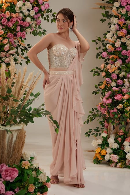 Buy Preeti S Kapoor Pink Georgette, Net Cut Work, Pearls, Sequins Ruffled Pre-draped Saree Set Buy_Preeti S Kapoor_Pink Georgette, Net Cut Work, Pearls, Sequins Ruffled Pre-draped Saree Set