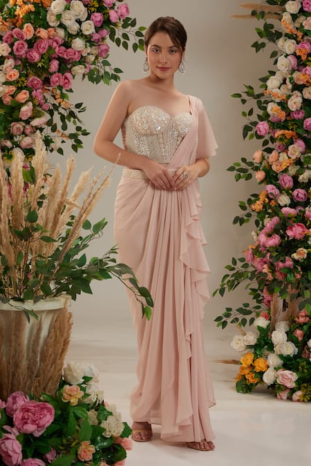 Shop Preeti S Kapoor Pink Georgette, Net Cut Work, Pearls, Sequins Ruffled Pre-draped Saree Set Shop_Preeti S Kapoor_Pink Georgette, Net Cut Work, Pearls, Sequins Ruffled Pre-draped Saree Set