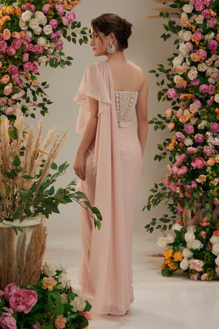 Shop Preeti S Kapoor Pink Georgette, Net Cut Work, Pearls, Sequins Ruffled Pre-draped Saree Set at Aza Fashions Shop_Preeti S Kapoor_Pink Georgette, Net Cut Work, Pearls, Sequins Ruffled Pre-draped Saree Set_at_Aza_Fashions