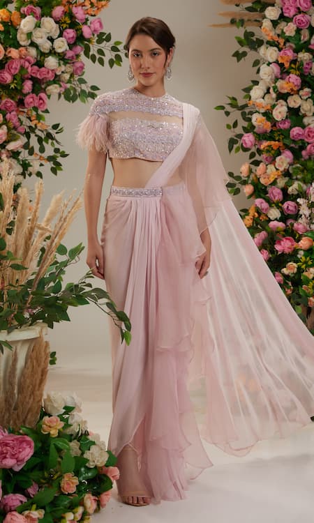 Preeti S Kapoor Pink Georgette Embroidered Cutdana Round Pre-draped Ruffled Saree Set