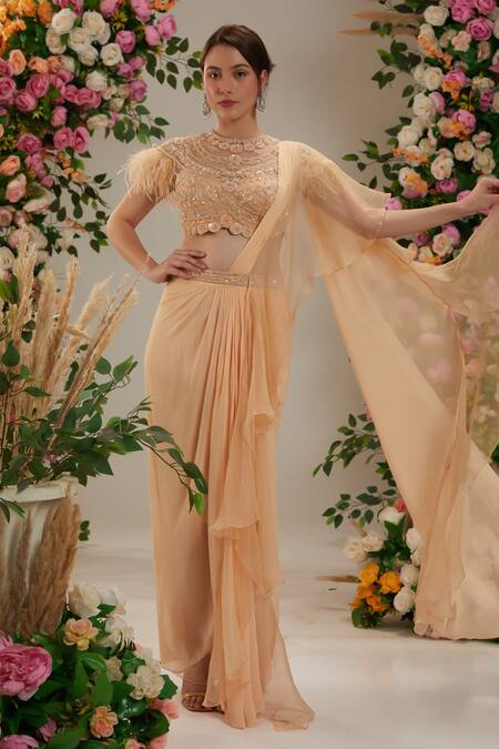 Preeti S Kapoor Peach Georgette Embroidered Pre-draped Saree With Fringe Embellished Blouse 