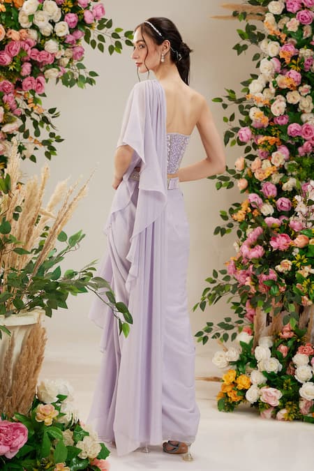 Preeti S Kapoor Purple Georgette, Net Embroidery, Pre-draped Ruffled Saree With Corset Blouse Online at Aza Fashions Preeti S Kapoor_Purple Georgette, Net Embroidery, Pre-draped Ruffled Saree With Corset Blouse_Online_at_Aza_Fashions