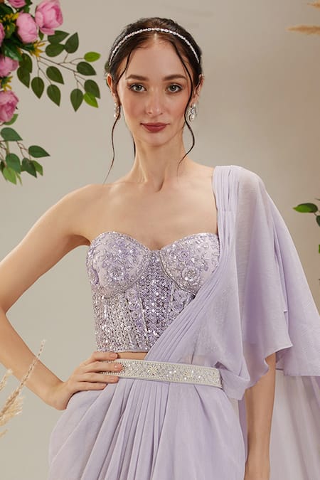Buy Preeti S Kapoor Purple Georgette, Net Embroidery, Pre-draped Ruffled Saree With Corset Blouse Online at Aza Fashions Buy_Preeti S Kapoor_Purple Georgette, Net Embroidery, Pre-draped Ruffled Saree With Corset Blouse_Online_at_Aza_Fashions
