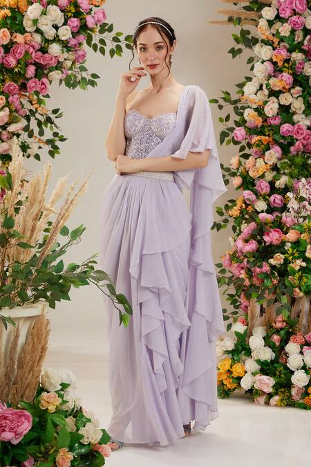 Shop Preeti S Kapoor Purple Georgette, Net Embroidery, Pre-draped Ruffled Saree With Corset Blouse Online at Aza Fashions Shop_Preeti S Kapoor_Purple Georgette, Net Embroidery, Pre-draped Ruffled Saree With Corset Blouse_Online_at_Aza_Fashions