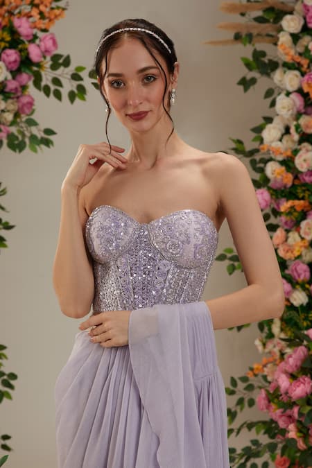 Preeti S Kapoor Purple Georgette, Net Embroidery, Pre-draped Ruffled Saree With Corset Blouse at Aza Fashions Preeti S Kapoor_Purple Georgette, Net Embroidery, Pre-draped Ruffled Saree With Corset Blouse_at_Aza_Fashions