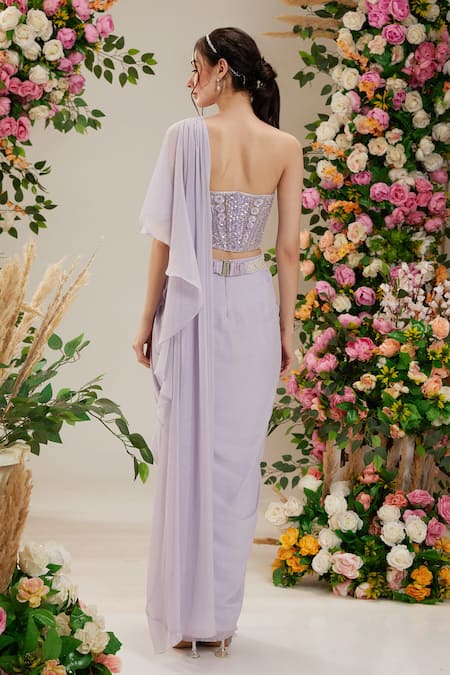 Shop Preeti S Kapoor Purple Georgette, Net Embroidery, Pre-draped Ruffled Saree With Corset Blouse at Aza Fashions Shop_Preeti S Kapoor_Purple Georgette, Net Embroidery, Pre-draped Ruffled Saree With Corset Blouse_at_Aza_Fashions