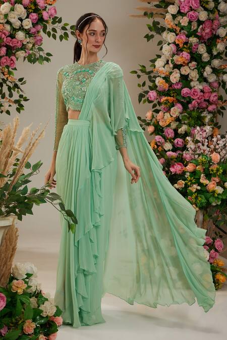 Preeti S Kapoor_Green Net, Georgette, Linen Cut Pre-draped Ruffled Saree With Embroidered Blouse_Online_at_Aza_Fashions
