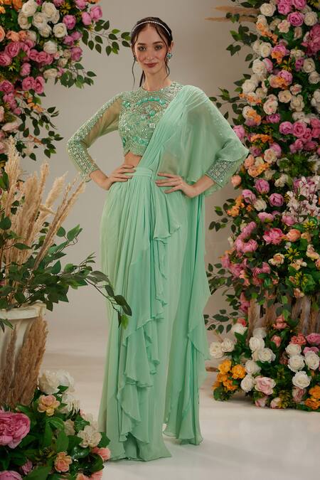 Buy_Preeti S Kapoor_Green Net, Georgette, Linen Cut Pre-draped Ruffled Saree With Embroidered Blouse_Online_at_Aza_Fashions