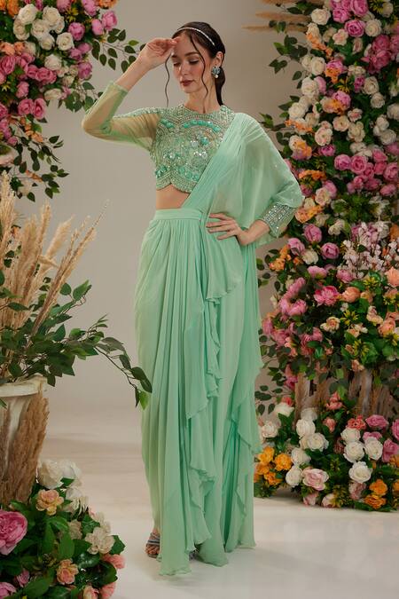 Shop_Preeti S Kapoor_Green Net, Georgette, Linen Cut Pre-draped Ruffled Saree With Embroidered Blouse_Online_at_Aza_Fashions