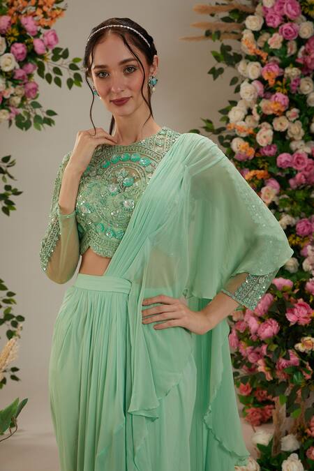 Preeti S Kapoor_Green Net, Georgette, Linen Cut Pre-draped Ruffled Saree With Embroidered Blouse_at_Aza_Fashions