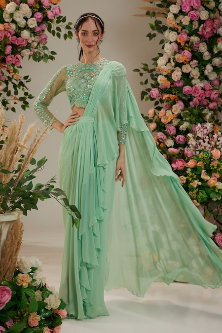 Preeti S Kapoor Green Georgette Embroidered Cutdana Round Pre-draped Ruffled Saree With Blouse 