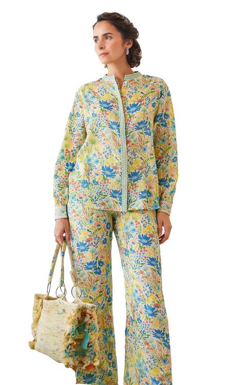 Baise Gaba_Yellow Mohair, Modal Embroidery Flavia Floral And Striped Print Shirt & Pant Set_Online_at_Aza_Fashions