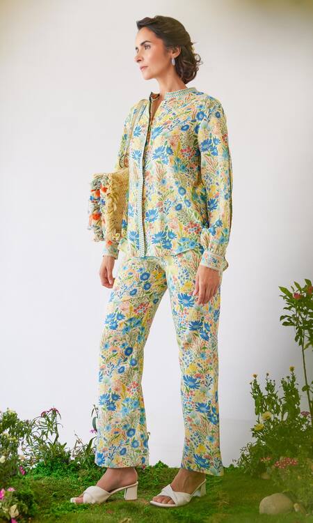 Buy_Baise Gaba_Yellow Mohair, Modal Embroidery Flavia Floral And Striped Print Shirt & Pant Set_Online_at_Aza_Fashions